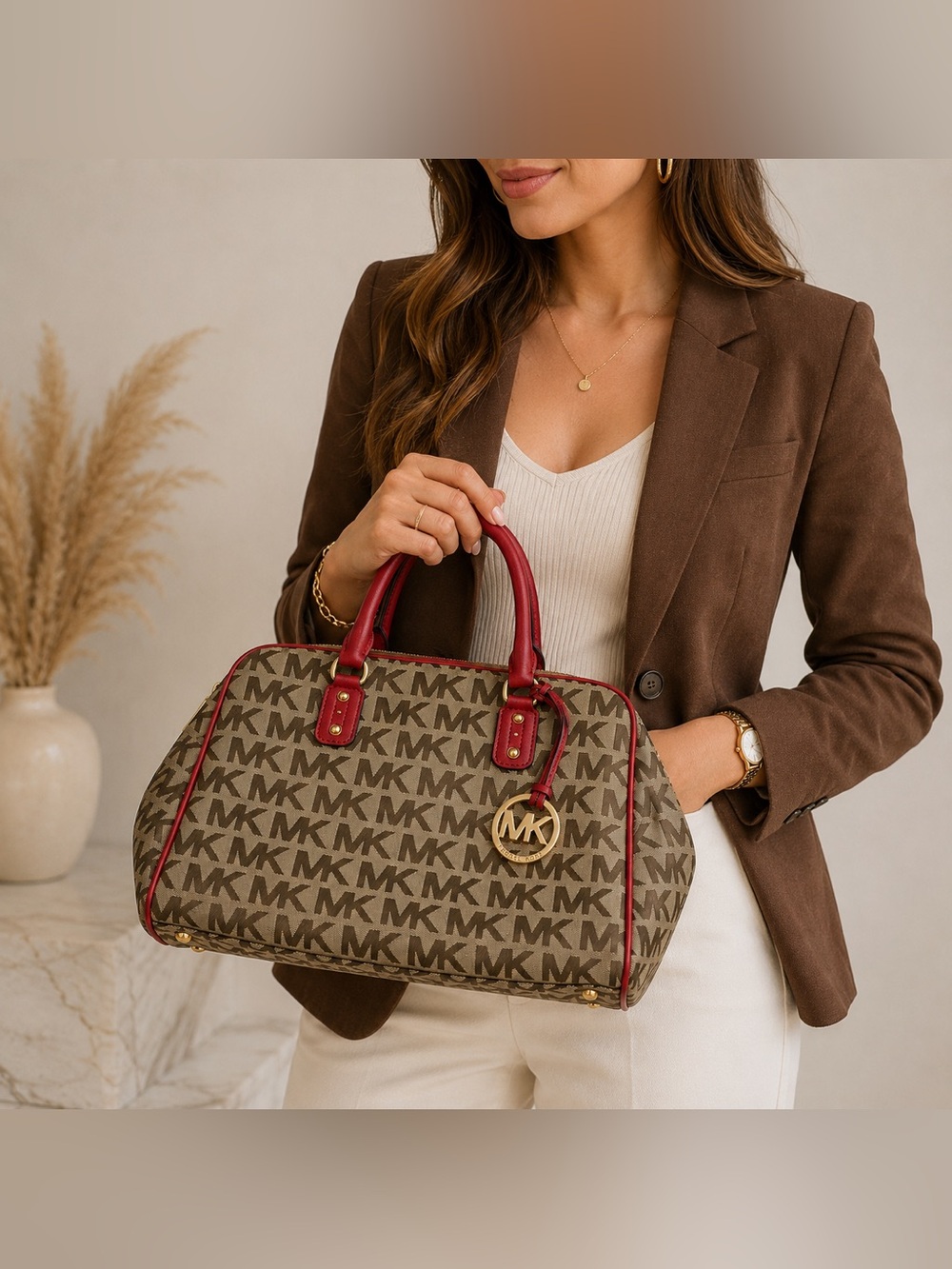 Michael Kors MK Logo Satchel with Red Trim